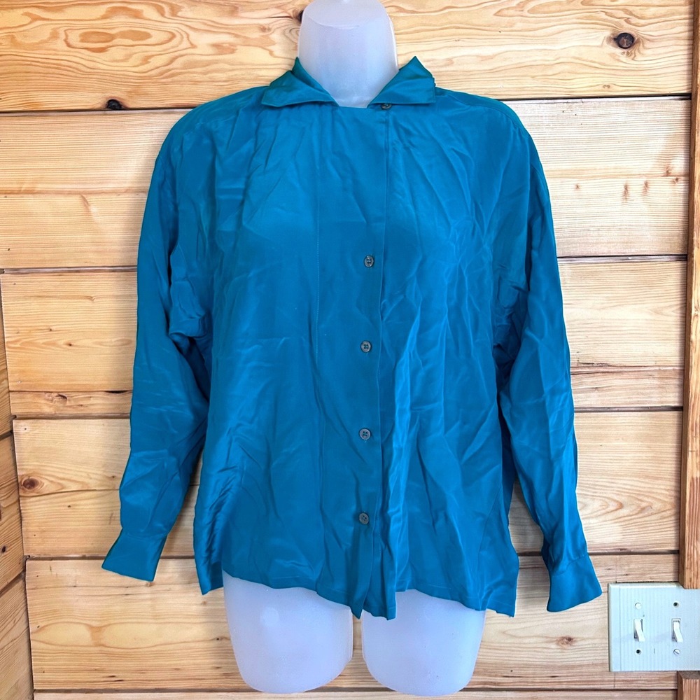 The Narragansett Vintage Teal 100% Silk Button Front Blouse Long Sleeve Top